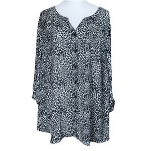 Catherines Sz 2X 22/24W Button Up Tunic 3/4 Sleeves Black White Animal Print